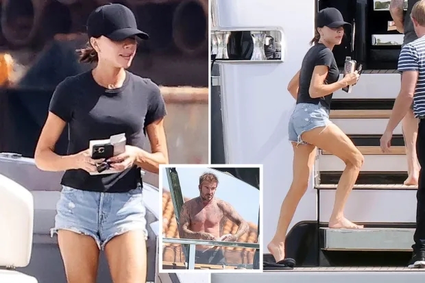 Shirtless David Beckham strips off on luxury yacht as Victoria stuns in denim hotpants after couple buy £60m Miami home